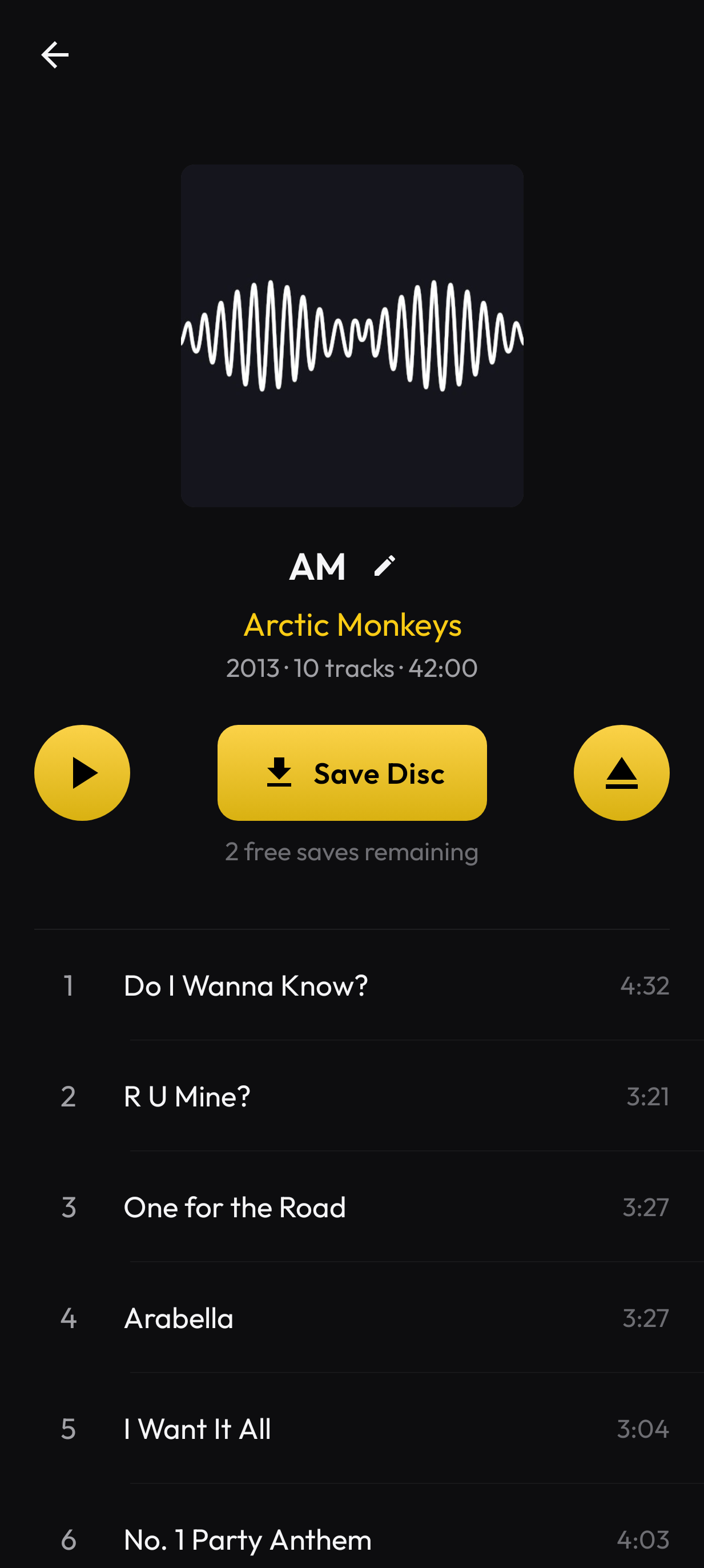 Inserted disc in Discs, with Play on the left of the album
