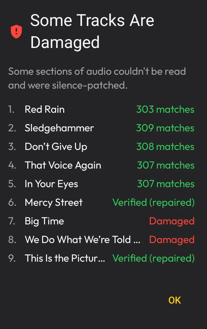Discs verification results listing tracks as verified, verified and repaired, or damaged